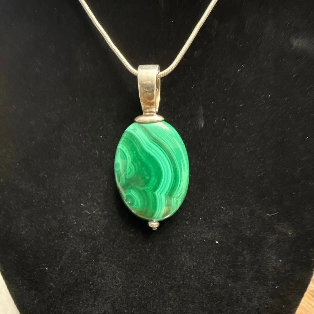 Sterling Silver Malachite Pendant 12.93g large natural stone
